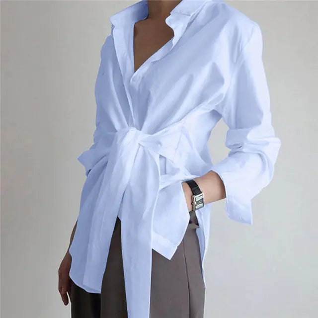 Long Sleeve Ruche Tie Front Blouse