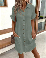 Summer Short Sleeve Solid Color Shirt Dress