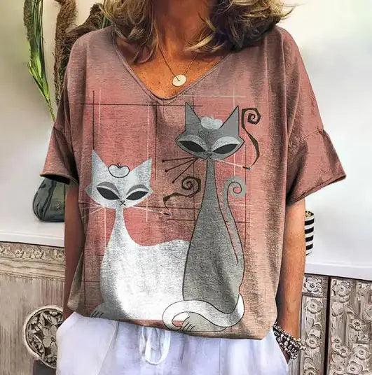 Summer Short Sleeve T-Shirt with Kitten Graphic