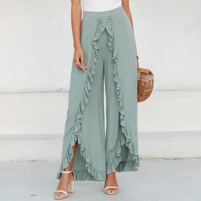 Vintage Green Ruffles High Waisted Wide Leg Pants - The Next Door Neighbor 