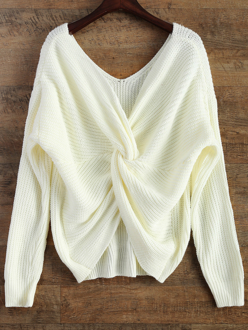 V-neck Irregular Cross Back Knitted Long Sleeve Sweater