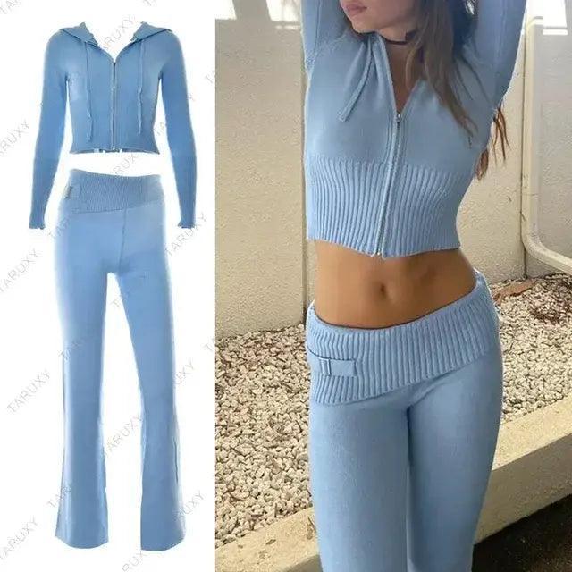 Knitted Hoodie Cropped Top And Pants Set - The Next Door Neighbor 