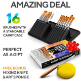 Artist Paint Brush Set of 16 - Includes Spatula Palette Knife, Sponge & Organizing Case