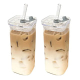 Square Heat Resistant Coffee Glass with Lid and Straw - The Next Door Neighbor 