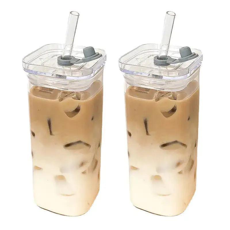 Square Heat Resistant Coffee Glass with Lid and Straw - The Next Door Neighbor 