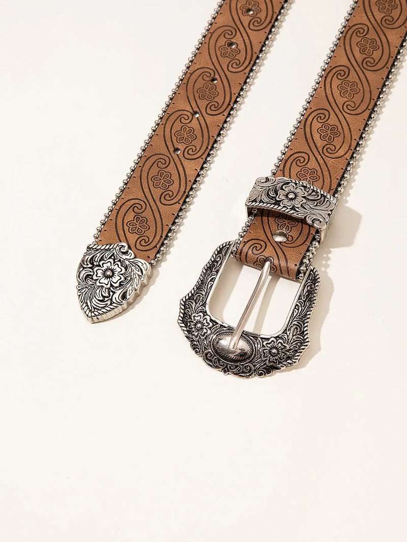 Western Style Brown Patterned Beaded Women's Belt with Tassel