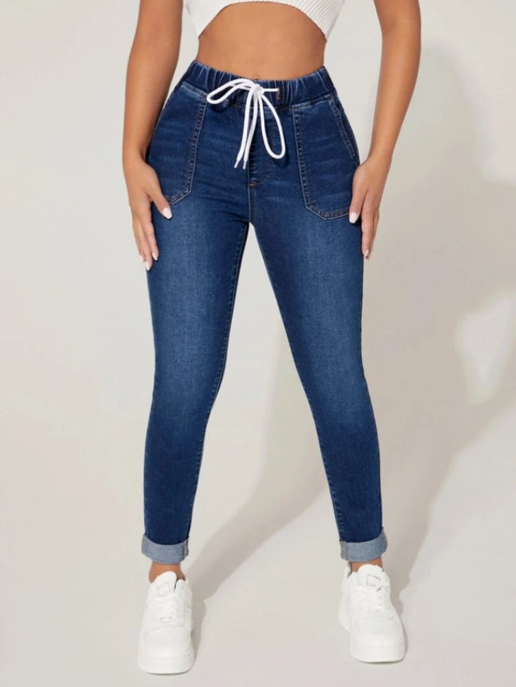 High Waist Stretch Drawstring Skinny Denim Pants