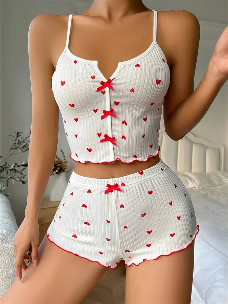 Heart Print Ribbed Frill Trim Pajama Set