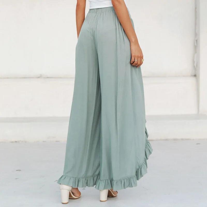 Vintage Green Ruffles High Waisted Wide Leg Pants - The Next Door Neighbor 