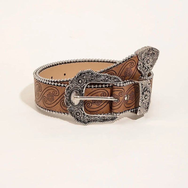 Western Style Brown Patterned Beaded Women's Belt with Tassel