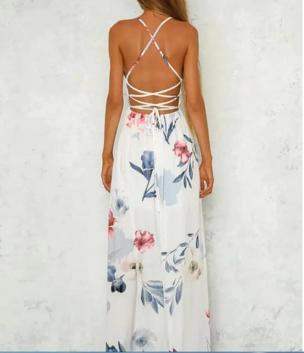 Criss Cross Back Long Floral Dress