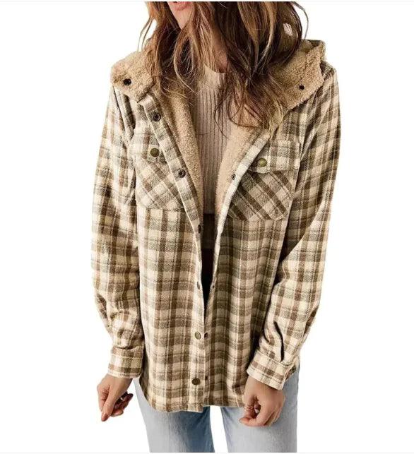 Casual Plaid Hooded Woolen Coat