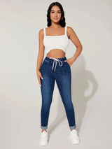 High Waist Stretch Drawstring Skinny Denim Pants