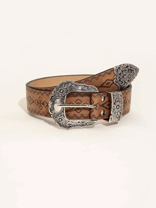 Western Style Brown Patterned Beaded Women's Belt with Tassel