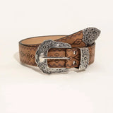 Western Style Brown Patterned Beaded Women's Belt with Tassel