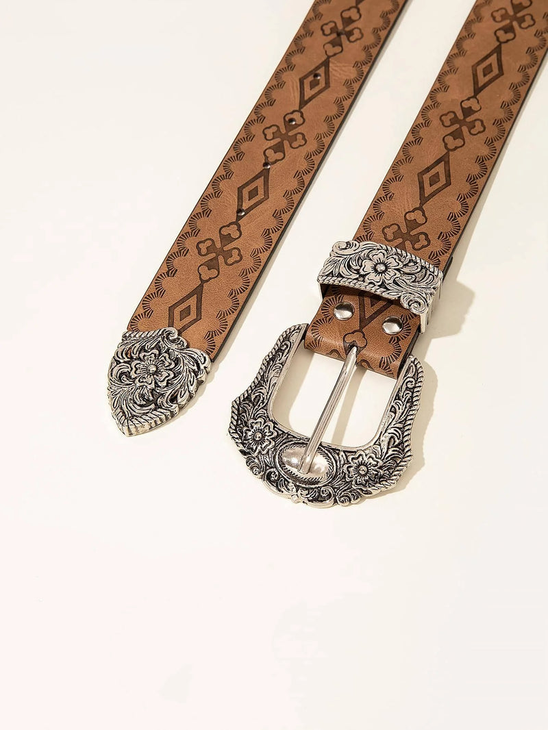 Western Style Brown Patterned Beaded Women's Belt with Tassel