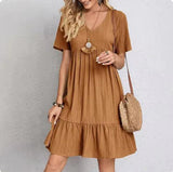 Solid Color V-Neck Midi Dress