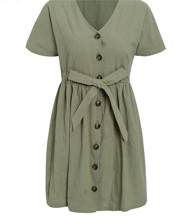 V-neck Button Summer Dress