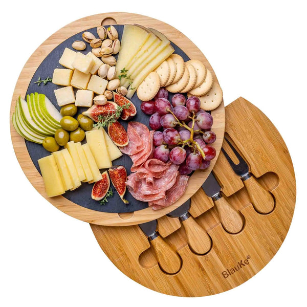 Round Bamboo Cheese Board with Knife Set and Removable Slate - 12 inch Swiveling Charcuterie Board