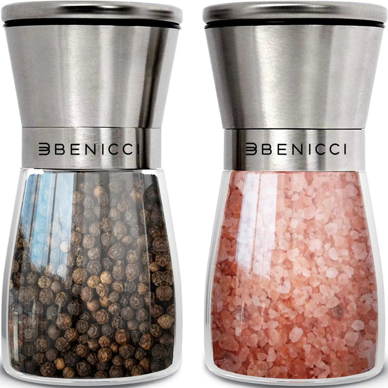 Beautiful Stainless Steel Salt and Pepper Grinder Set of 2 - Pepper Mill & Salt Mill with Adjustable Coarseness - Glass Spice & Salt Shakers - Easy Clean Ceramic Grinders w/ Spoon & Cleaning Brush