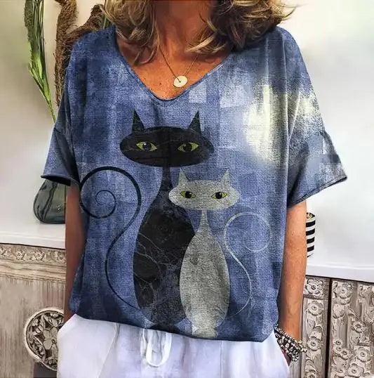 Summer Short Sleeve T-Shirt with Kitten Graphic