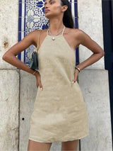 Cotton And Linen Backless Mini Halter Dress