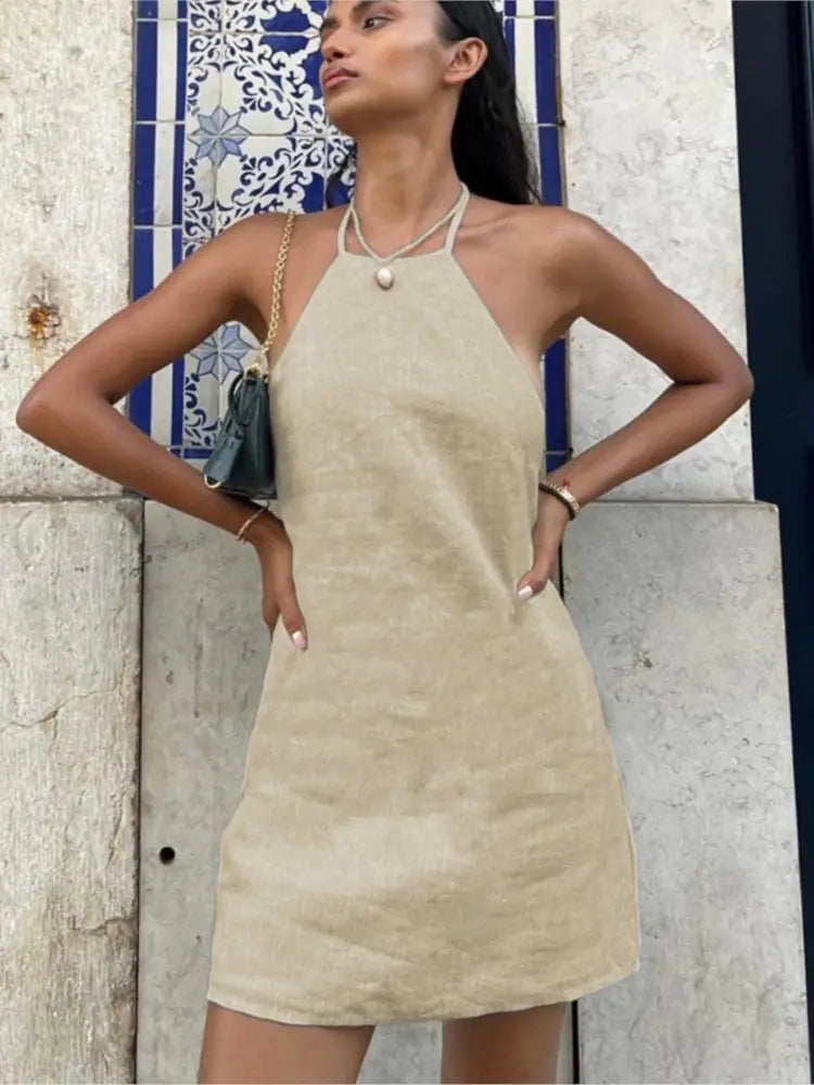 Cotton And Linen Backless Mini Halter Dress - The Next Door Neighbor 