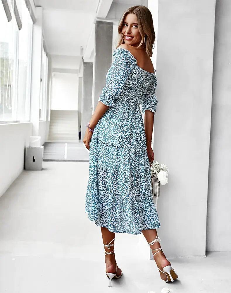 Off Shoulder High Waist Ruffle Stitching Dress - The Next Door Neighbor 