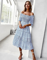 Off Shoulder High Waist Ruffle Stitching Dress - The Next Door Neighbor 