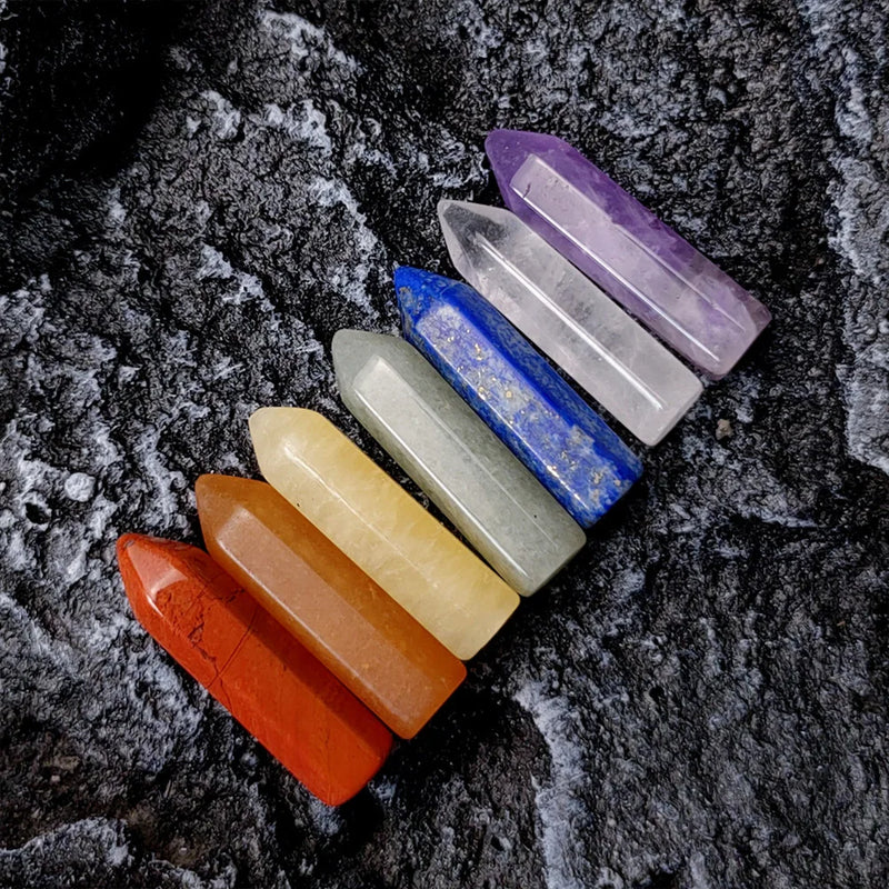 Seven Chakra Hexagonal Column Point Wand Natural Crystal Power Healing Stone Set