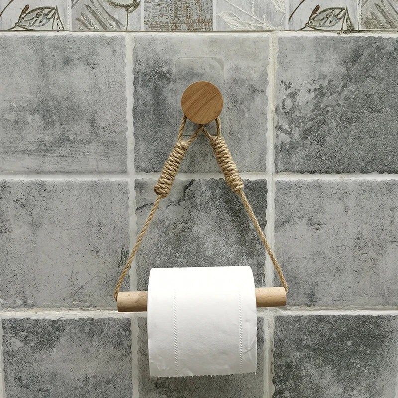 Nail-Free Rope and Wood Hook Paper or Hand Towel Holder