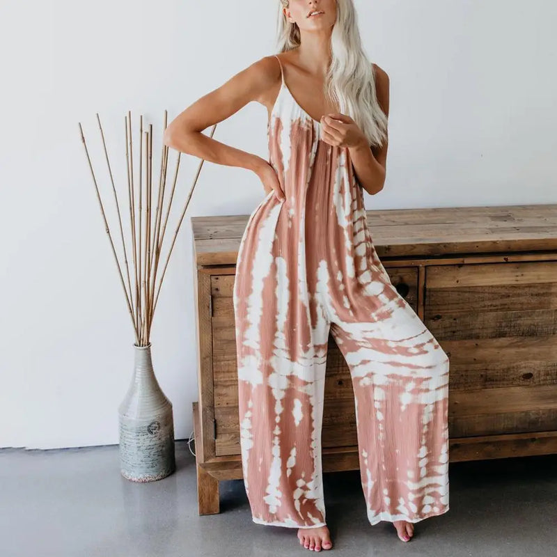 Tie Dye Stripe Print Wide Leg Sling Suspender Romper