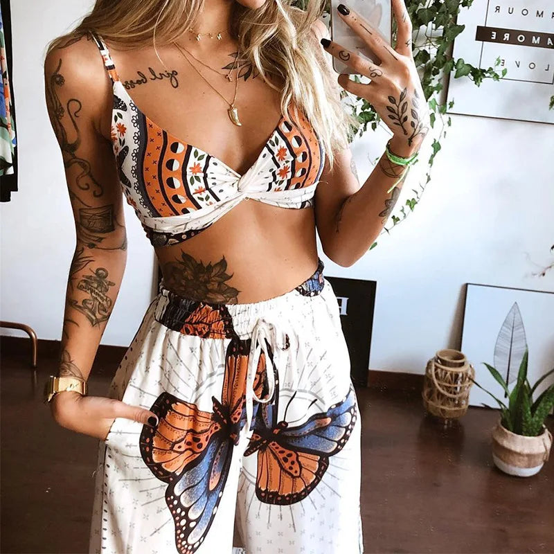 Summer Boho Beach Style Top + Loose Wide Leg Pants