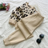 Long Sleeve Knit Leopard Pullover Sweater + Pants Set