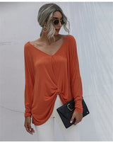 Oversize Long Sleeve Top - V-neck Loose Knot Tops Tee