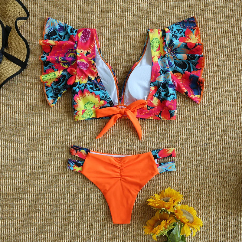 Ruffle Bikini Set - Brazilian V Neck Push Up Swimwear