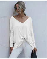 Oversize Long Sleeve Top - V-neck Loose Knot Tops Tee