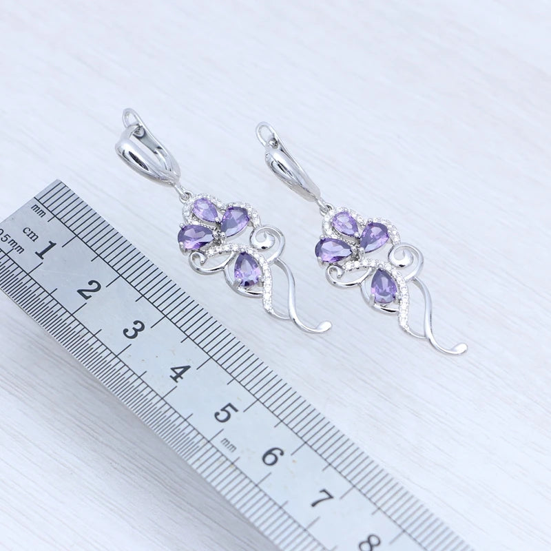 Amethyst Earrings Plant Flower Shape 925 Sterling Silver Earrings