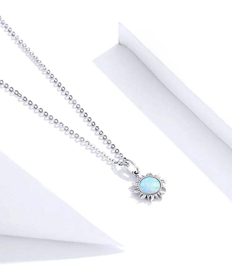 925 Sterling Silver White Opal Sun Pendant Necklace