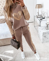 Khaki Love Sequin Top Casual Drawstring Pants Suit 