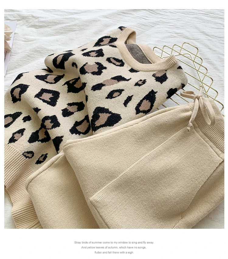 Long Sleeve Knit Leopard Pullover Sweater + Pants Set