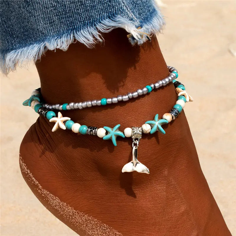 Vintage Shell Beads Starfish Turtle Anklet