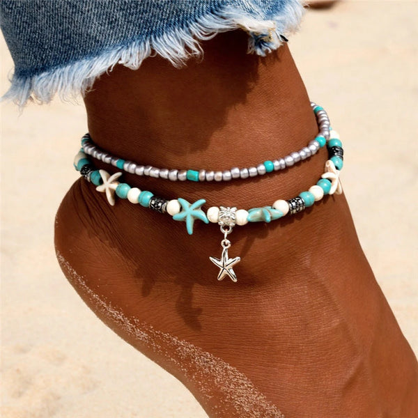 Vintage Shell Beads Starfish Turtle Anklet