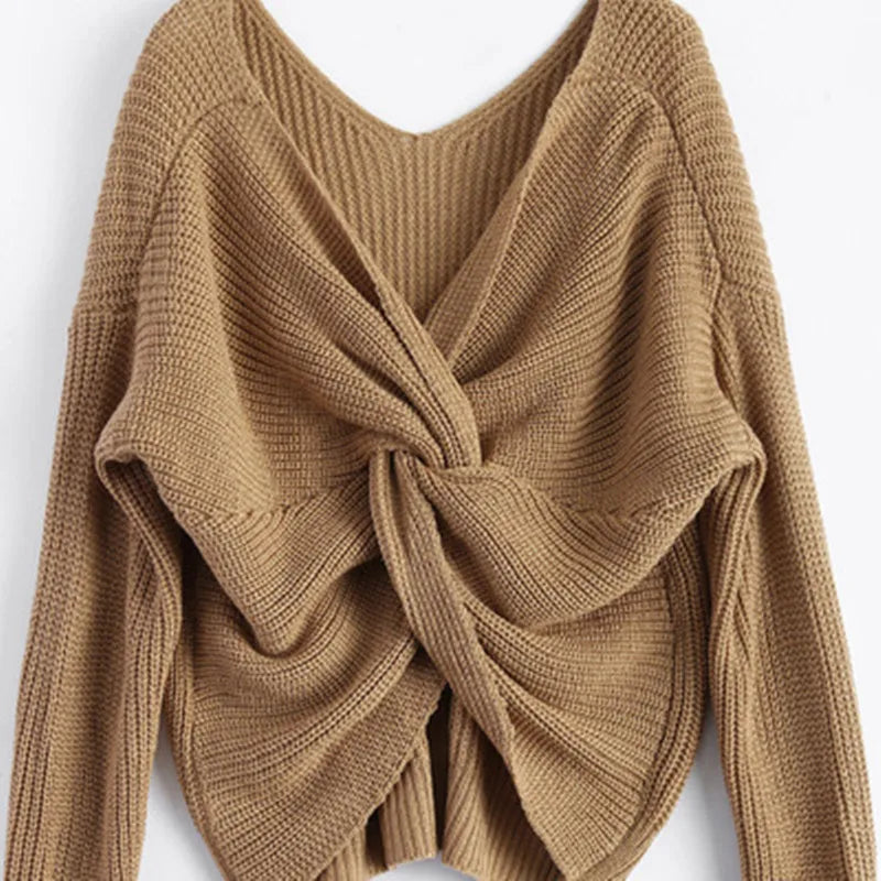 V-neck Irregular Cross Back Knitted Long Sleeve Sweater