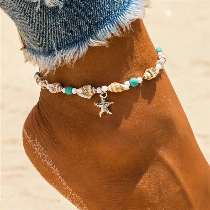 Vintage Shell Beads Starfish Turtle Anklet