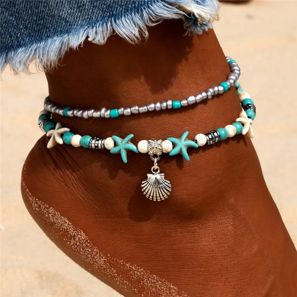 Vintage Shell Beads Starfish Turtle Anklet