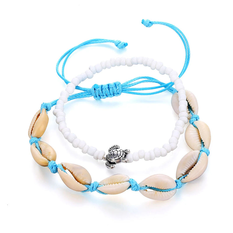 Fashion Blue Rope Shell Anklets with Vintage Beads and Turtle Charm