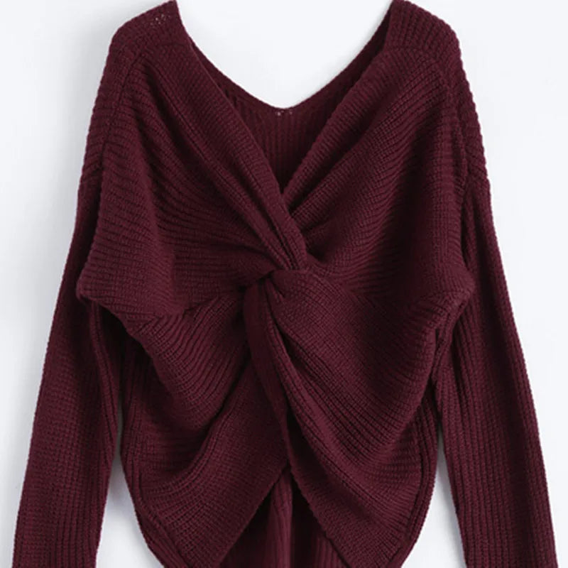 V-neck Irregular Cross Back Knitted Long Sleeve Sweater