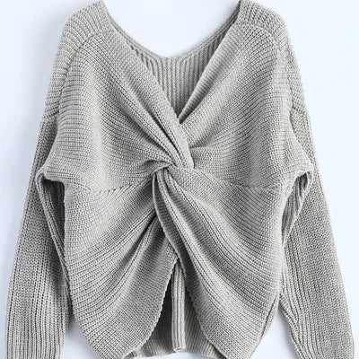 V-neck Irregular Cross Back Knitted Long Sleeve Sweater