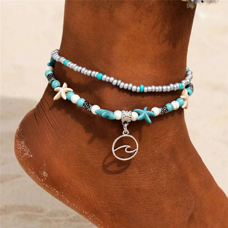 Vintage Shell Beads Starfish Turtle Anklet